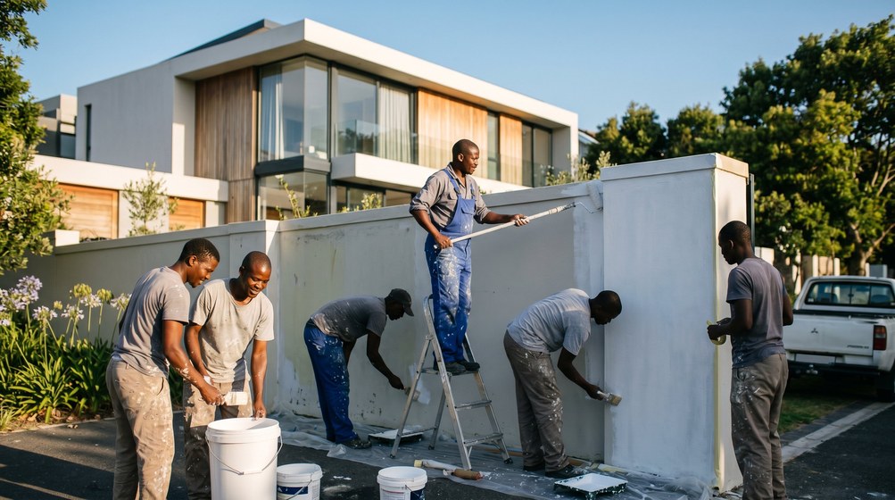 Professional team painting a boundary wall at a modern home in Fresnaye
