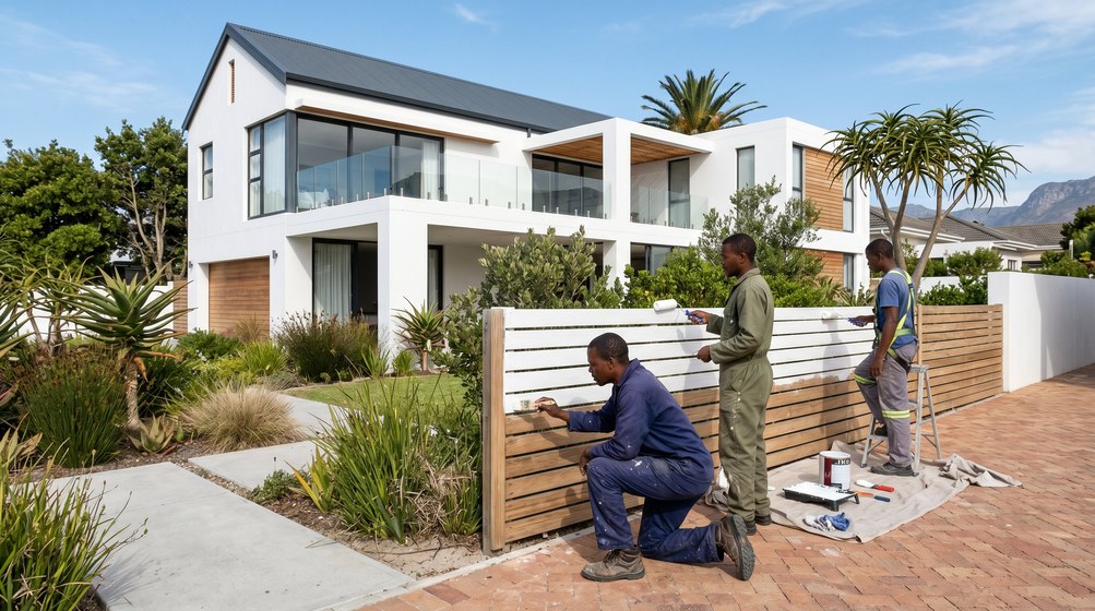 Professional fence painters painting a wooden fence at a coastal home in Fresnaye