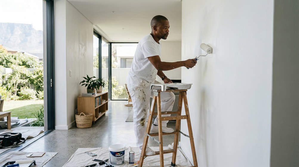 Professional interior painter in Fresnaye painting walls with a roller