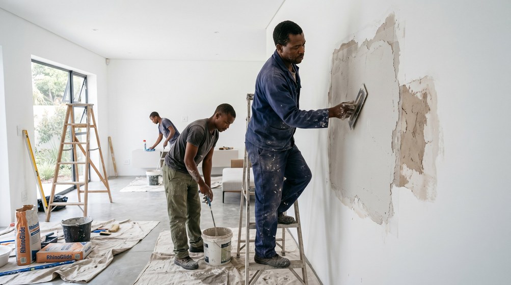 Professional plaster repair team skim coating damaged walls in Fresnaye