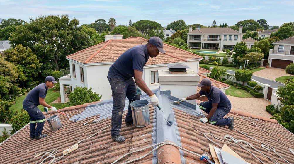 Professional waterproofing team applying membrane to roof in Fresnaye
