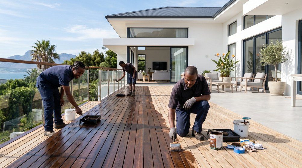 Professional wood staining team applying deck stain overlooking the ocean in Fresnaye